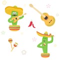 Set cactus in a sombrero with a guitar and maracas in a pot, Chilli pepper. Picture with white background Royalty Free Stock Photo